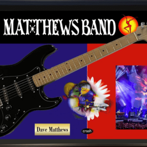 Electric guitar with band and concert imagery.